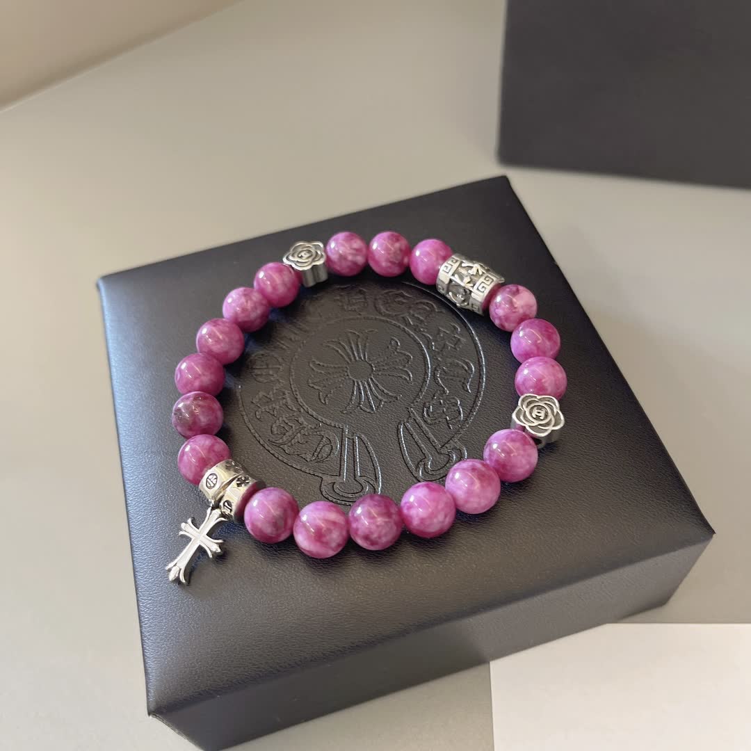 Chrome Hearts Purple Gemstone Bracelet with Silver Cross and Flower Charms